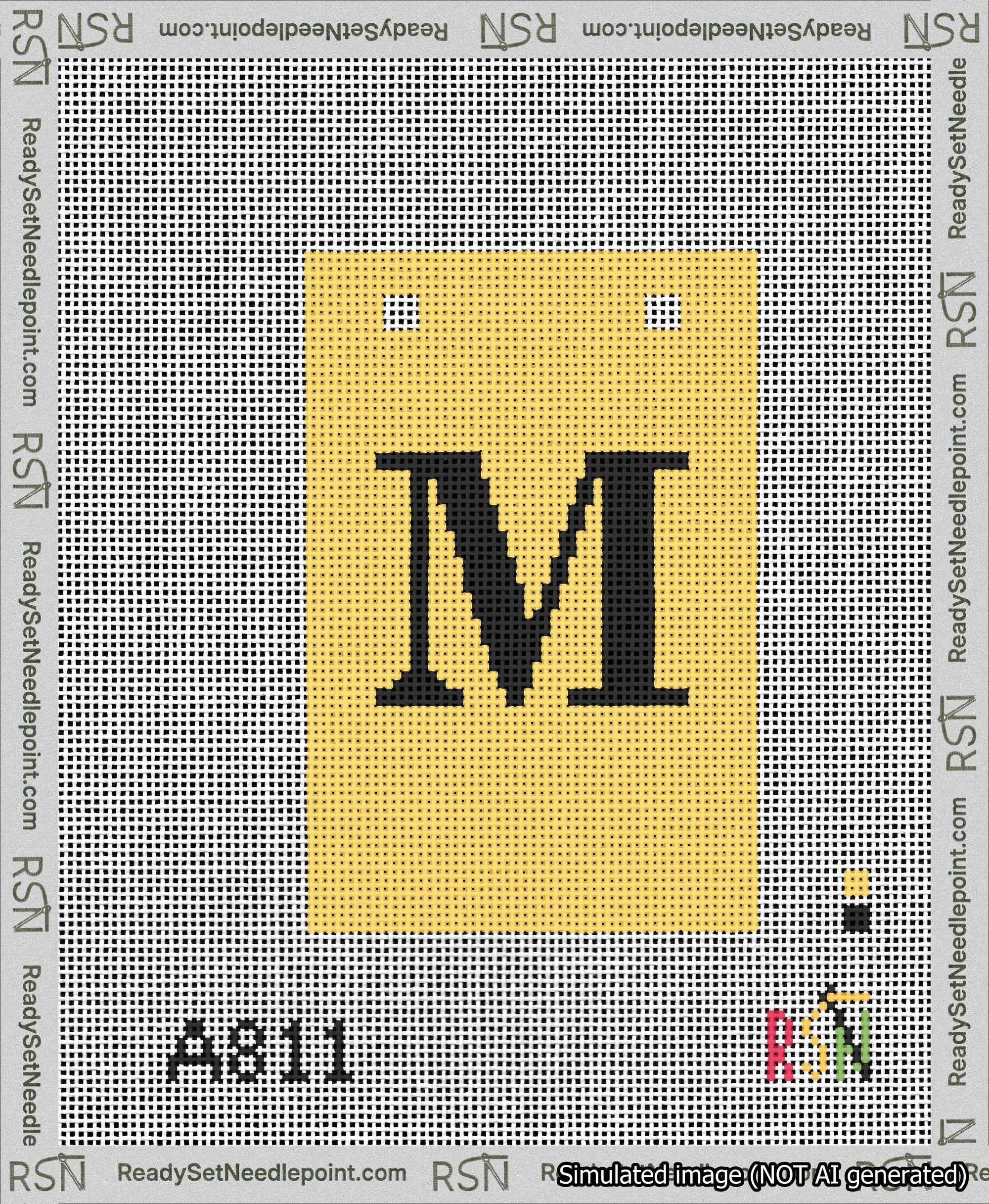 A taped needlepoint canvas with the design: Banner 13 mesh count Squared M Black on Yellow.