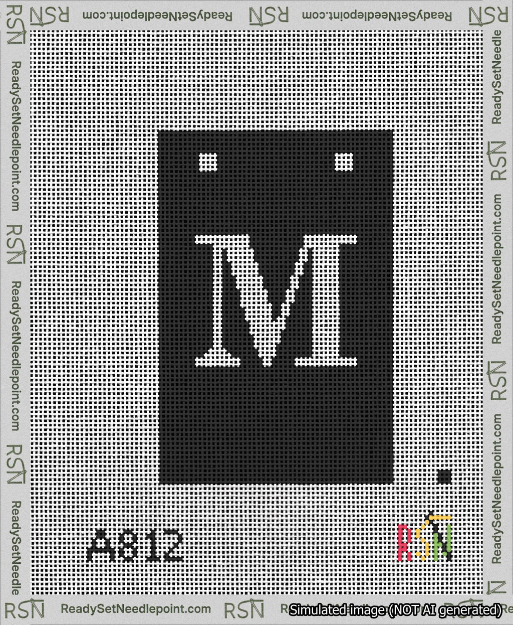 A taped needlepoint canvas with the design: Banner 13 mesh count Squared M White on Black.
