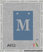 A taped needlepoint canvas with the design: Banner 13 mesh count Squared M White on Blue.