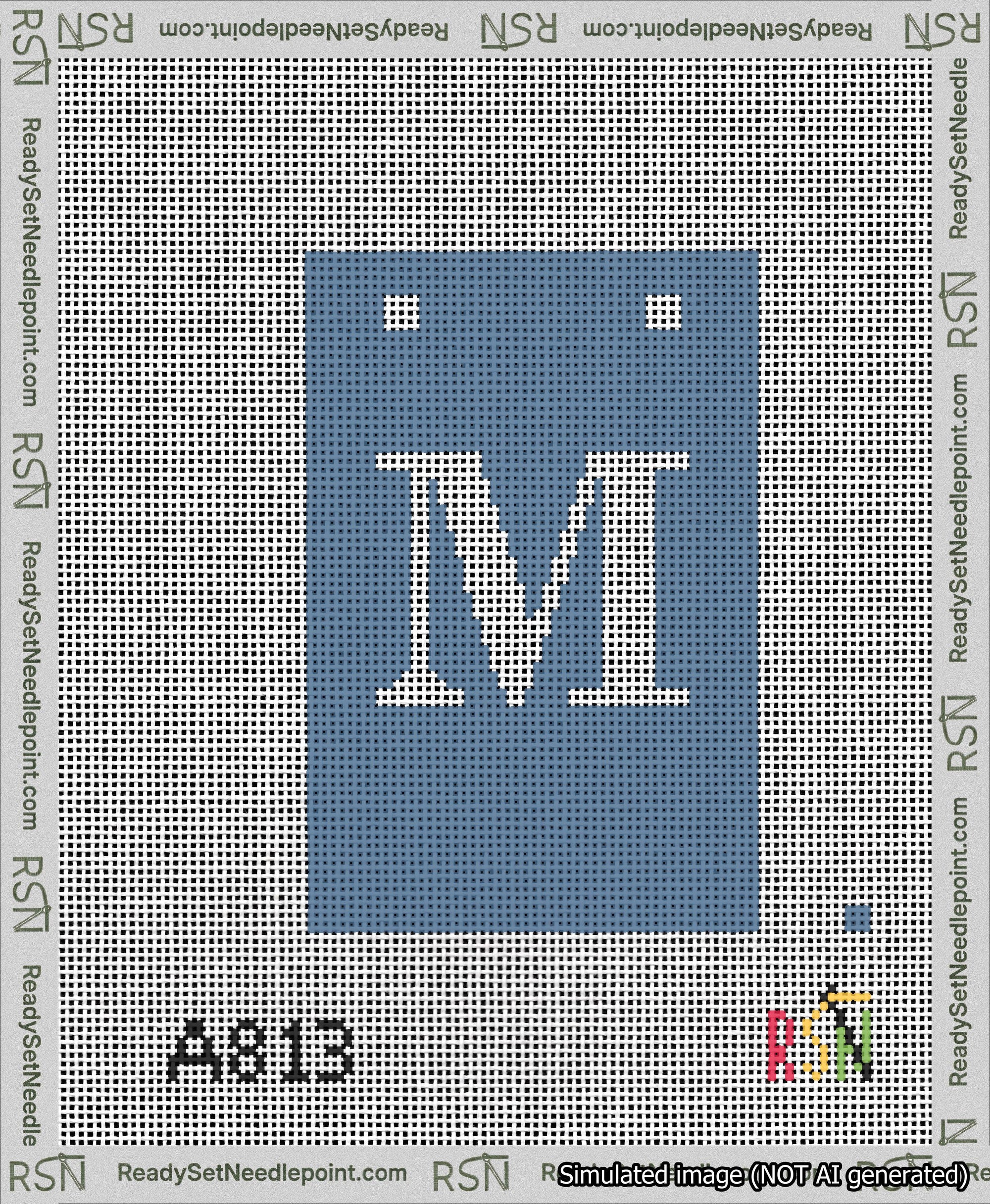 A taped needlepoint canvas with the design: Banner 13 mesh count Squared M White on Blue.