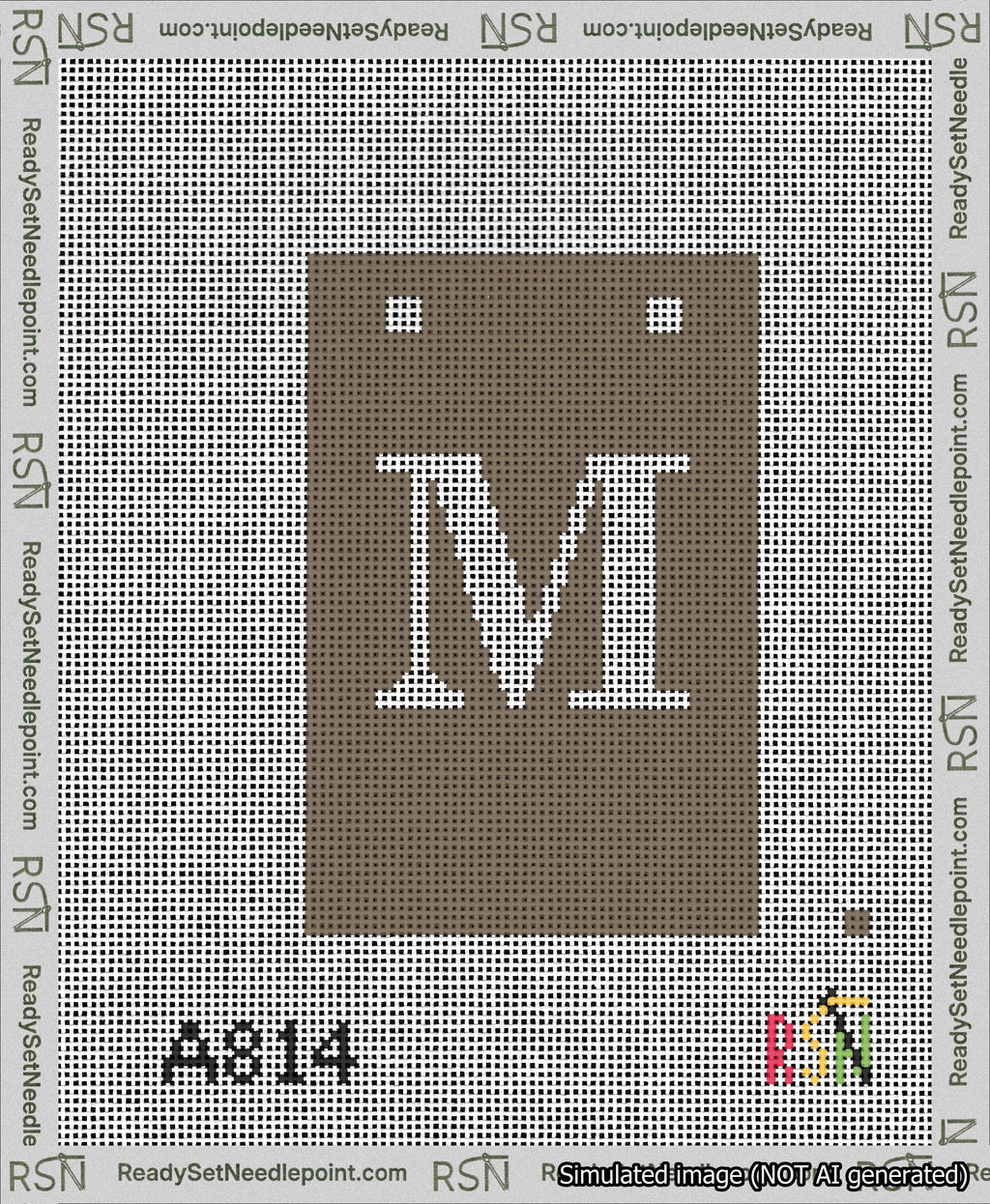 A taped needlepoint canvas with the design: Banner 13 mesh count Squared M White on Brown.