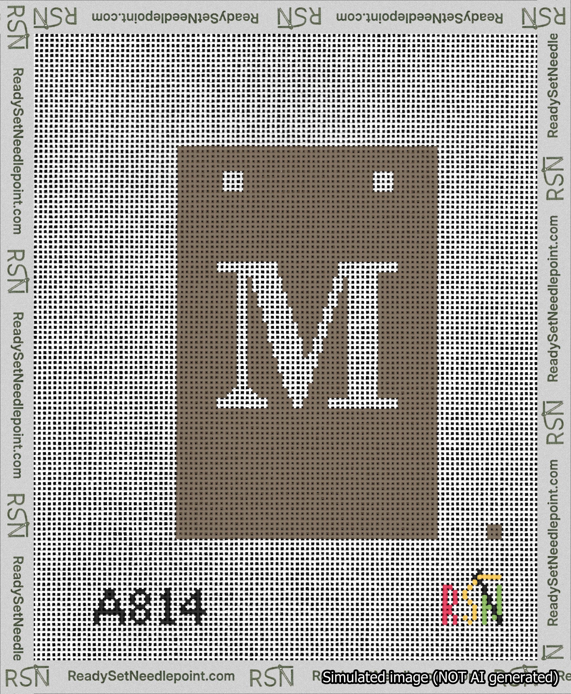 A taped needlepoint canvas with the design: Banner 13 mesh count Squared M White on Brown.