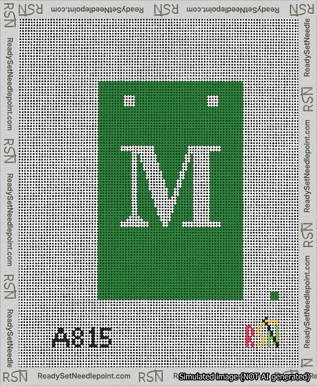 A taped needlepoint canvas with the design: Banner 13 mesh count Squared M White on Green.