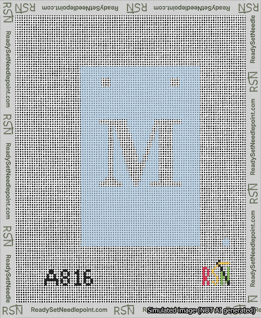 A taped needlepoint canvas with the design: Banner 13 mesh count Squared M White on Light Blue.