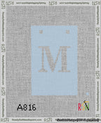 A taped needlepoint canvas with the design: Banner 13 mesh count Squared M White on Light Blue.