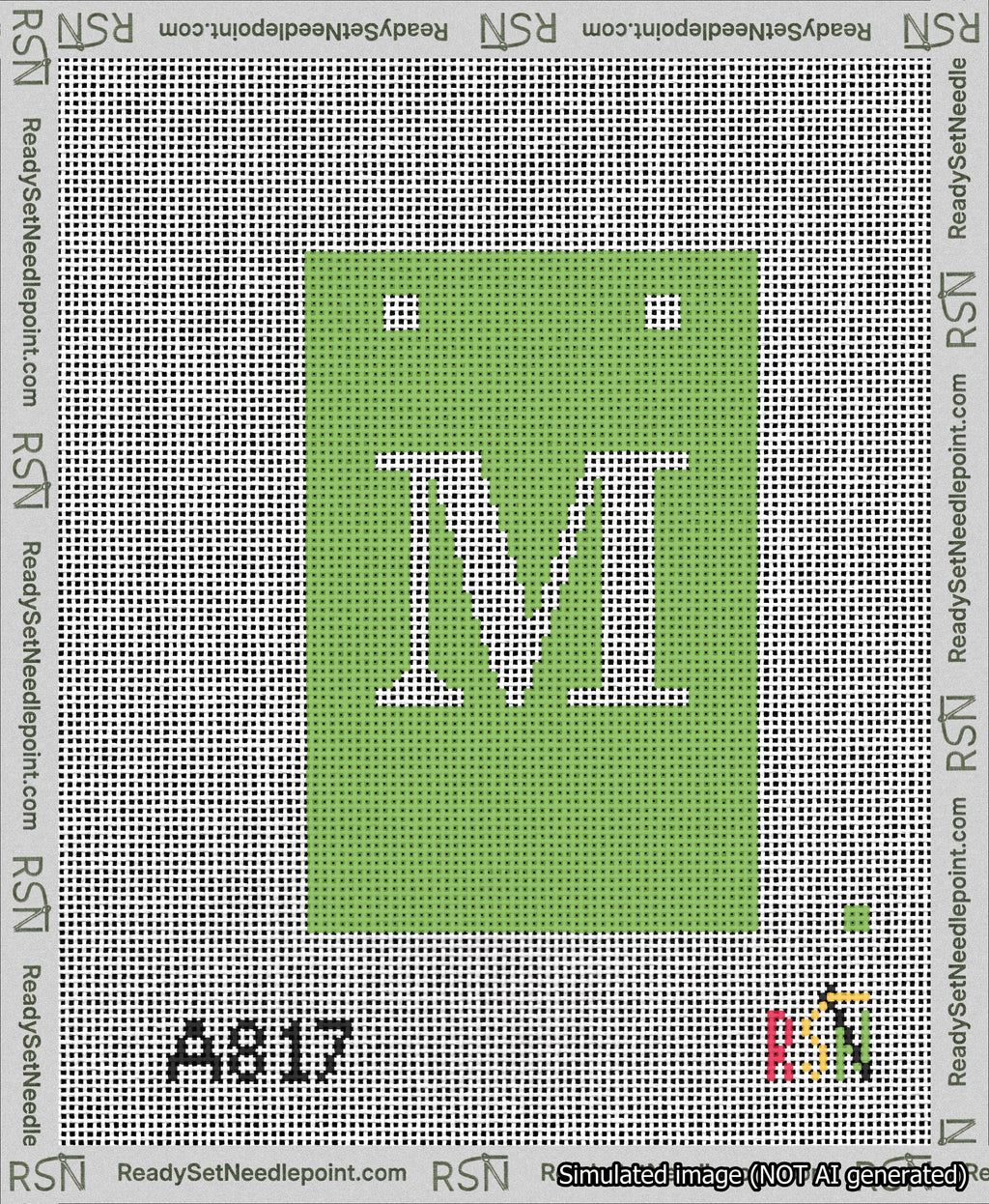 A taped needlepoint canvas with the design: Banner 13 mesh count Squared M White on Light Green.
