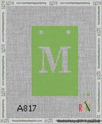 A taped needlepoint canvas with the design: Banner 13 mesh count Squared M White on Light Green.