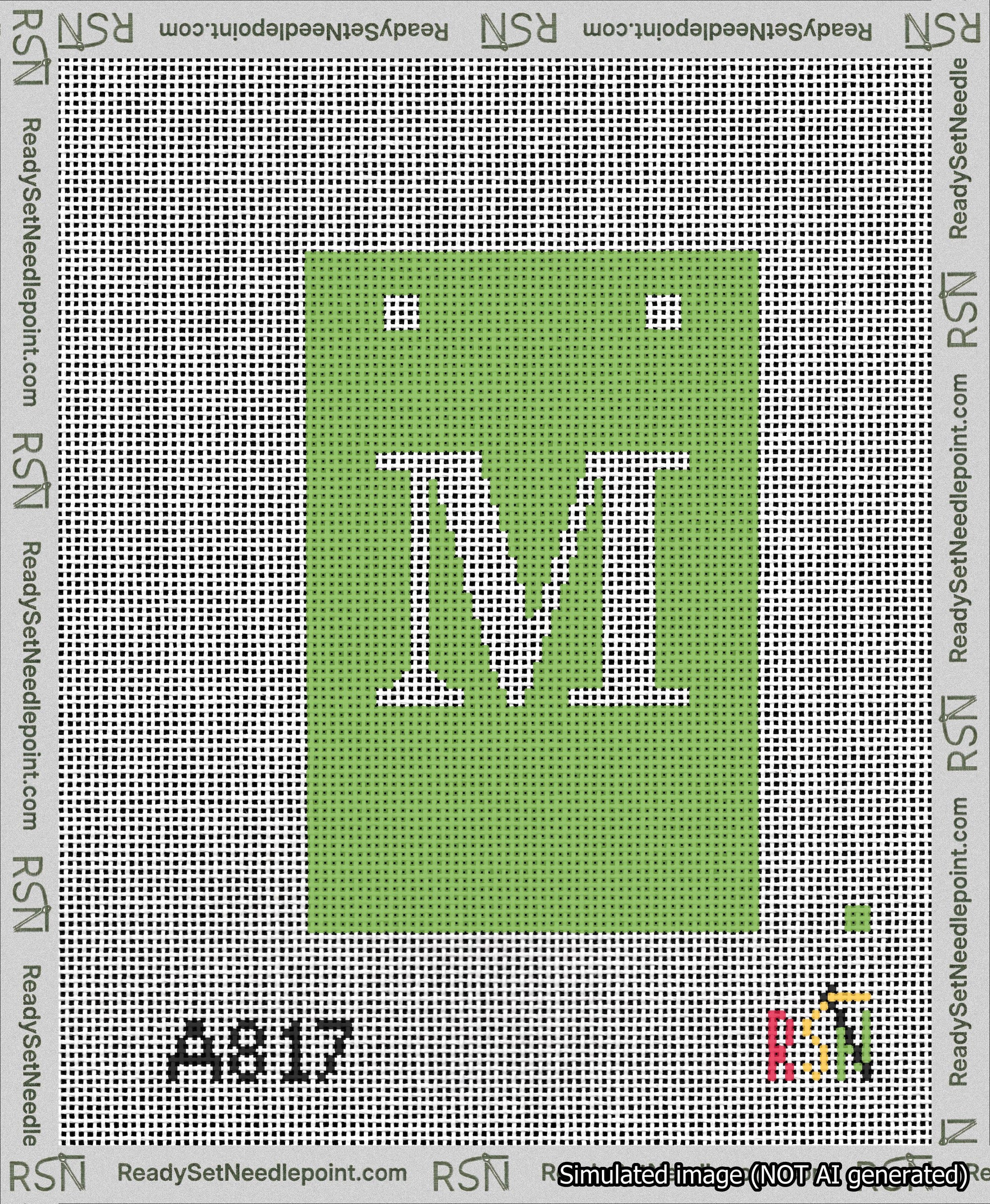 A taped needlepoint canvas with the design: Banner 13 mesh count Squared M White on Light Green.