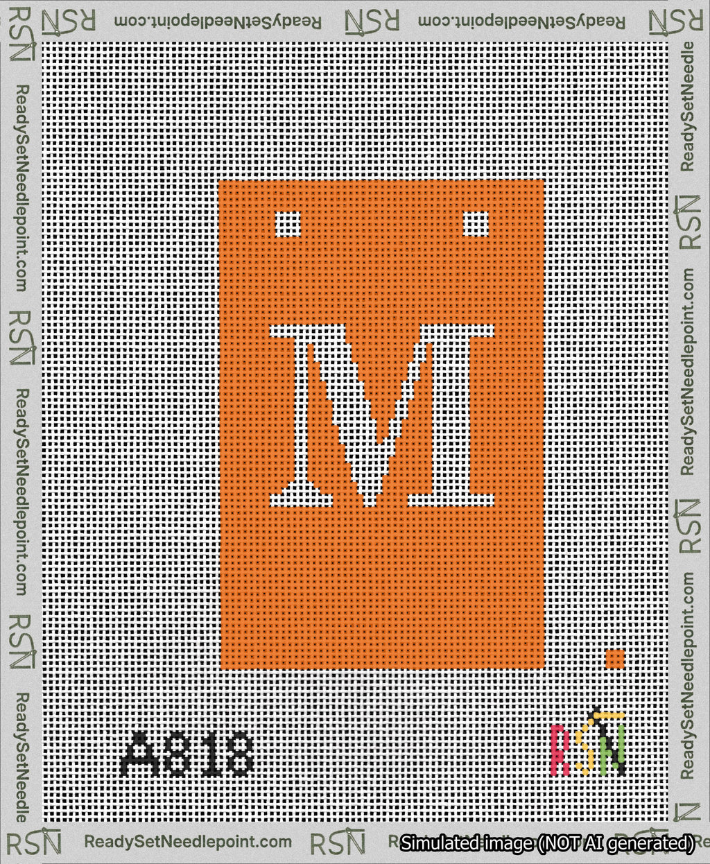 A taped needlepoint canvas with the design: Banner 13 mesh count Squared M White on Orange.