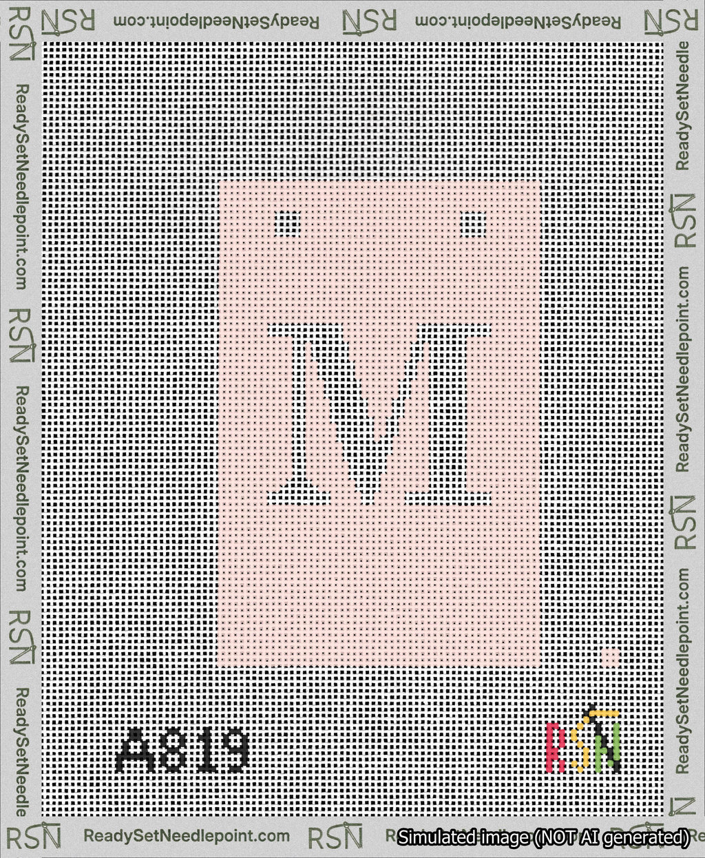 A taped needlepoint canvas with the design: Banner 13 mesh count Squared M White on Pink.