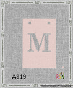 A taped needlepoint canvas with the design: Banner 13 mesh count Squared M White on Pink.