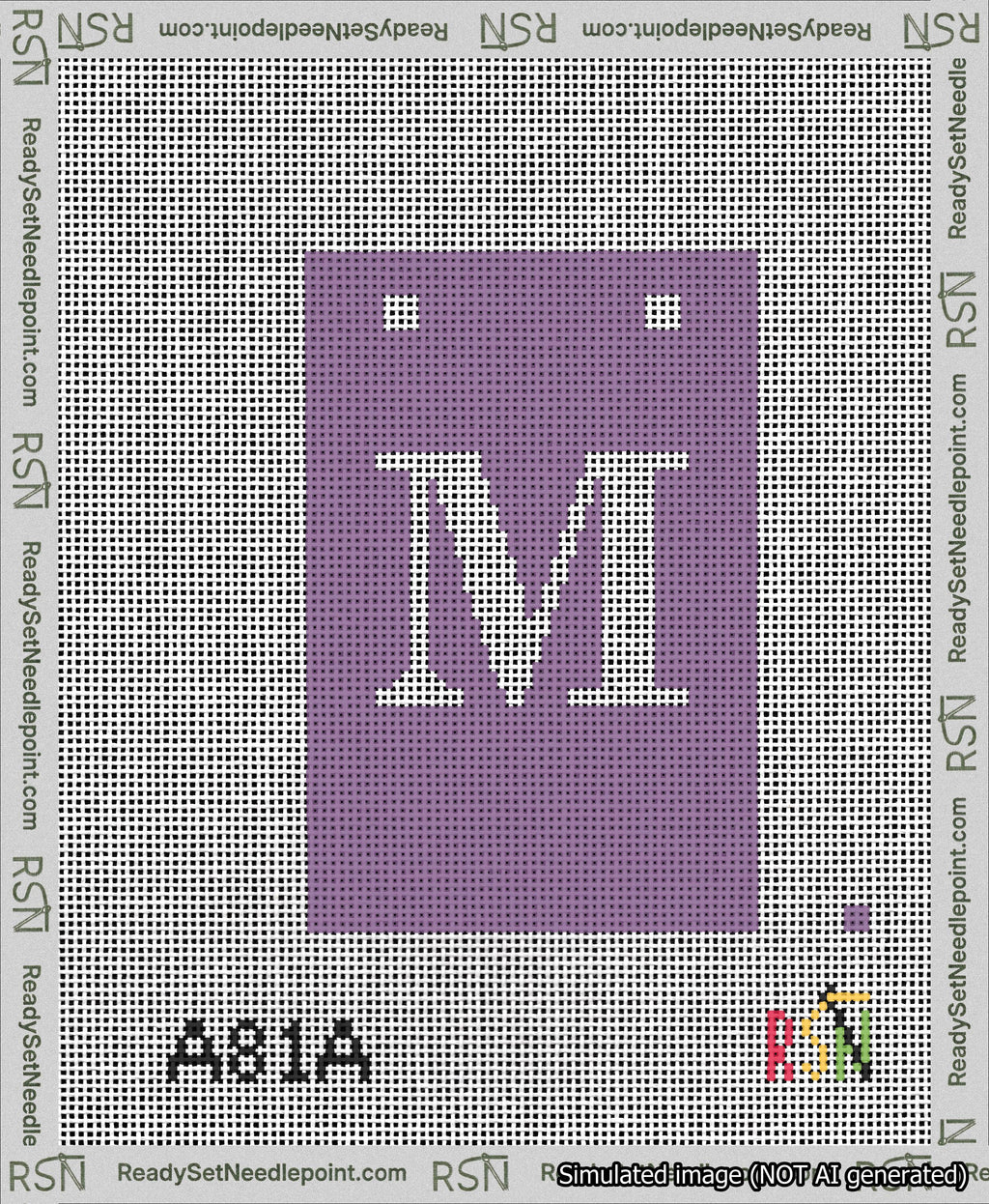 A taped needlepoint canvas with the design: Banner 13 mesh count Squared M White on Purple.