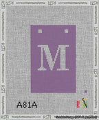 A taped needlepoint canvas with the design: Banner 13 mesh count Squared M White on Purple.