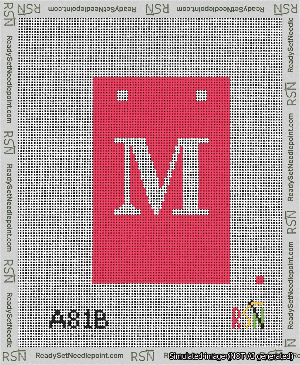 A taped needlepoint canvas with the design: Banner 13 mesh count Squared M White on Red.