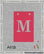 A taped needlepoint canvas with the design: Banner 13 mesh count Squared M White on Red.