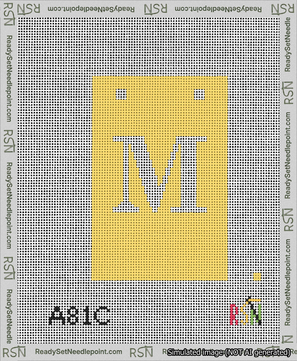 A taped needlepoint canvas with the design: Banner 13 mesh count Squared M White on Yellow.