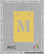 A taped needlepoint canvas with the design: Banner 13 mesh count Squared M White on Yellow.