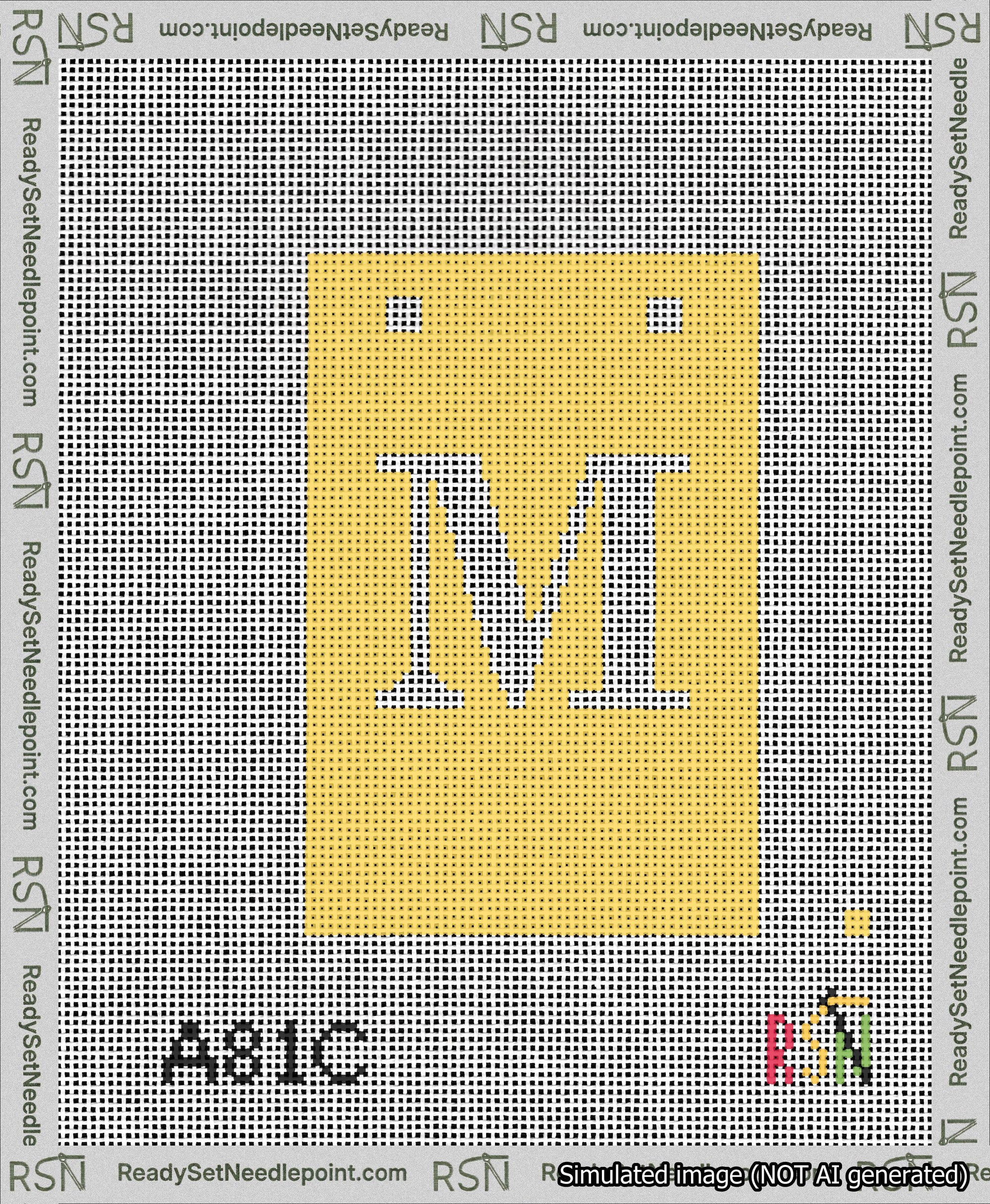 A taped needlepoint canvas with the design: Banner 13 mesh count Squared M White on Yellow.