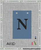 A taped needlepoint canvas with the design: Banner 13 mesh count Squared N Black on Blue.