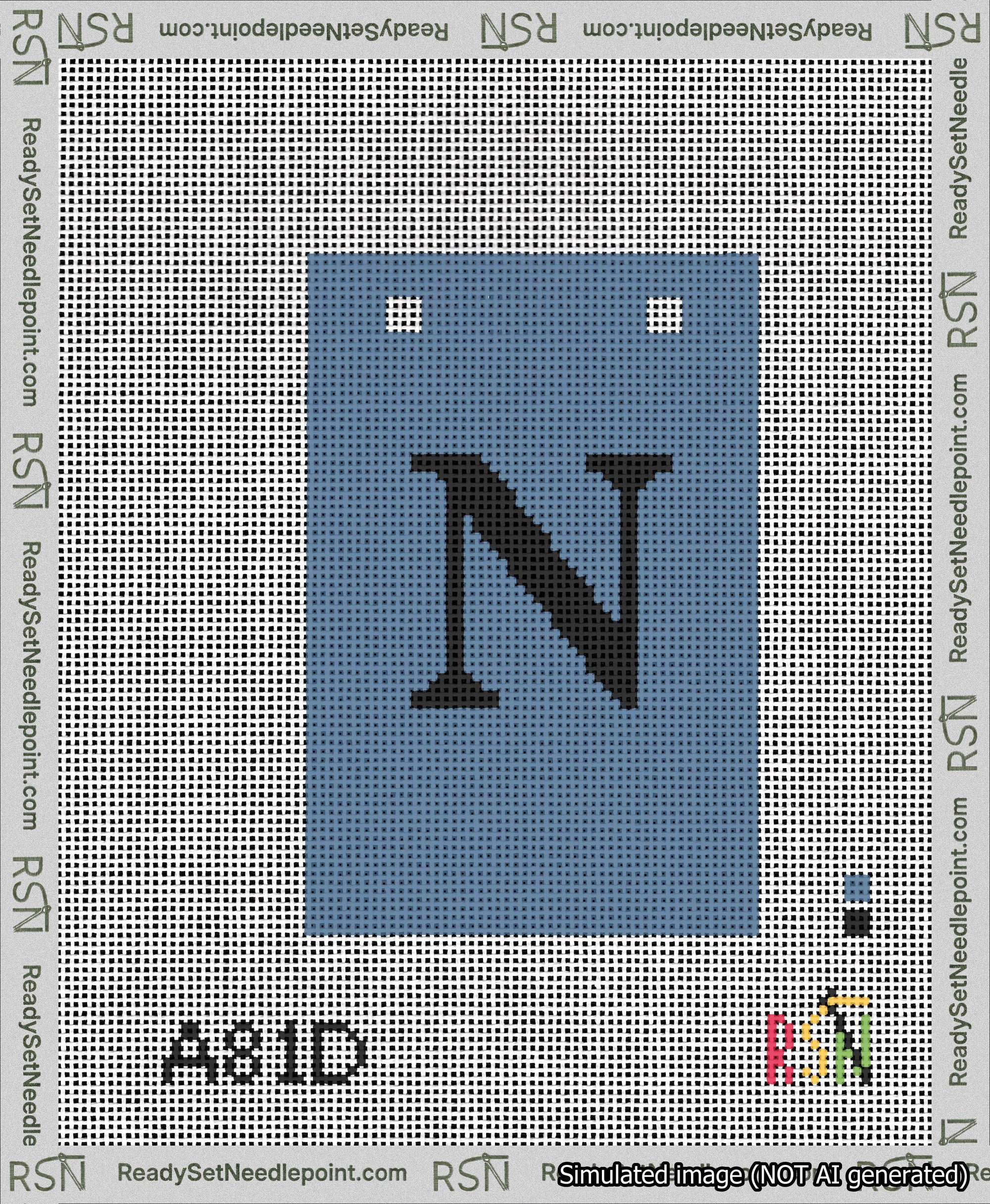 A taped needlepoint canvas with the design: Banner 13 mesh count Squared N Black on Blue.