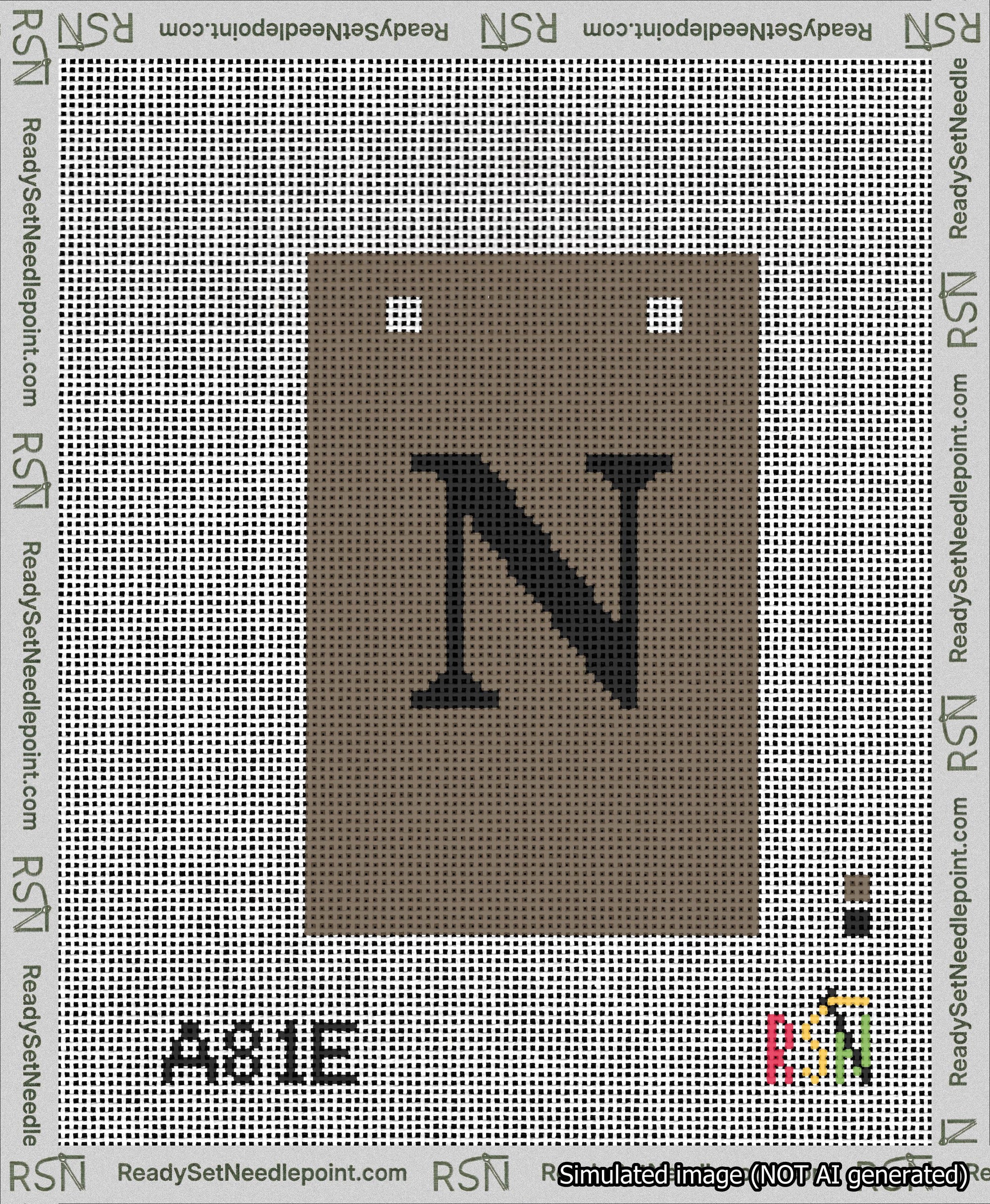 A taped needlepoint canvas with the design: Banner 13 mesh count Squared N Black on Brown.