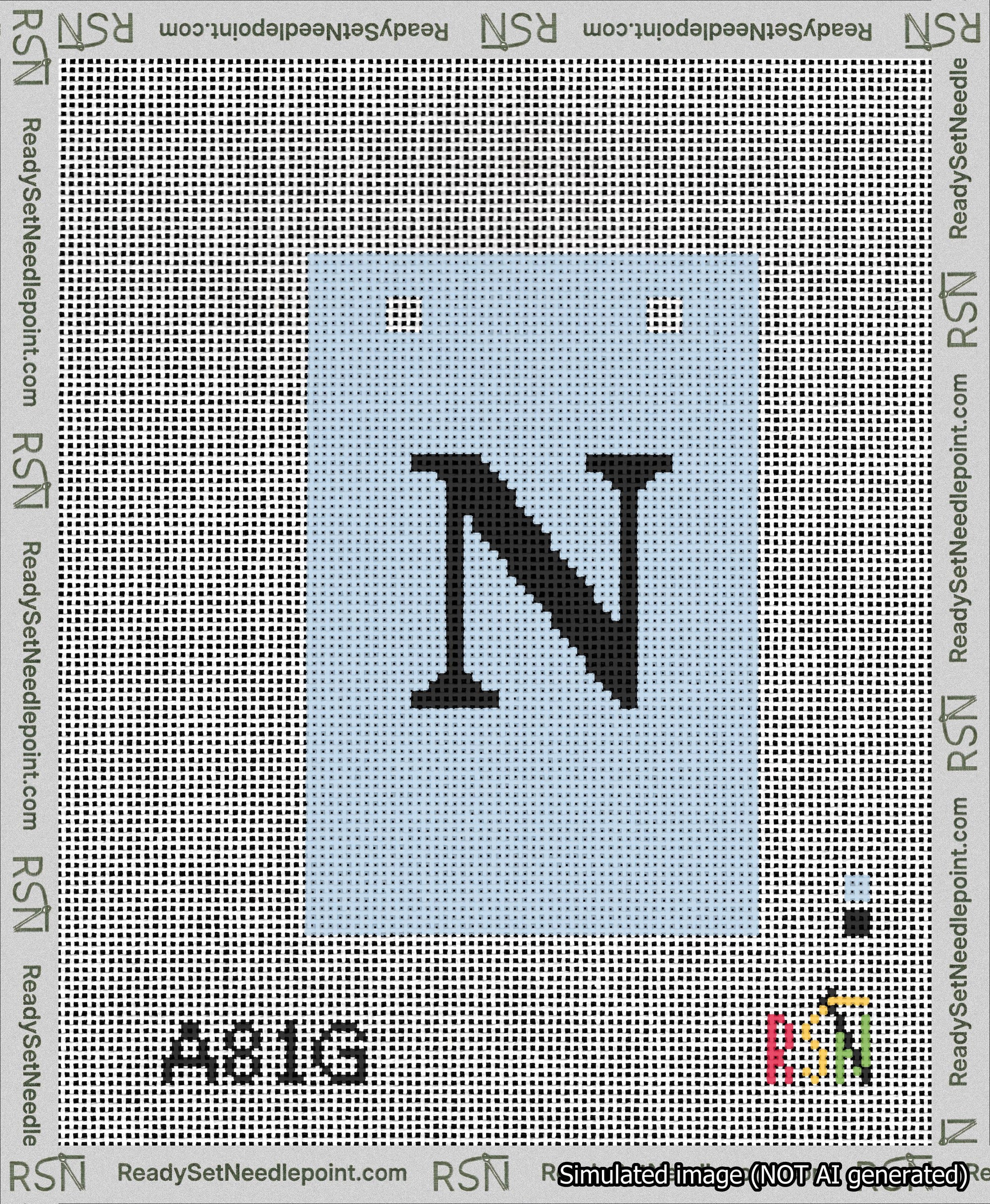 A taped needlepoint canvas with the design: Banner 13 mesh count Squared N Black on Light Blue.