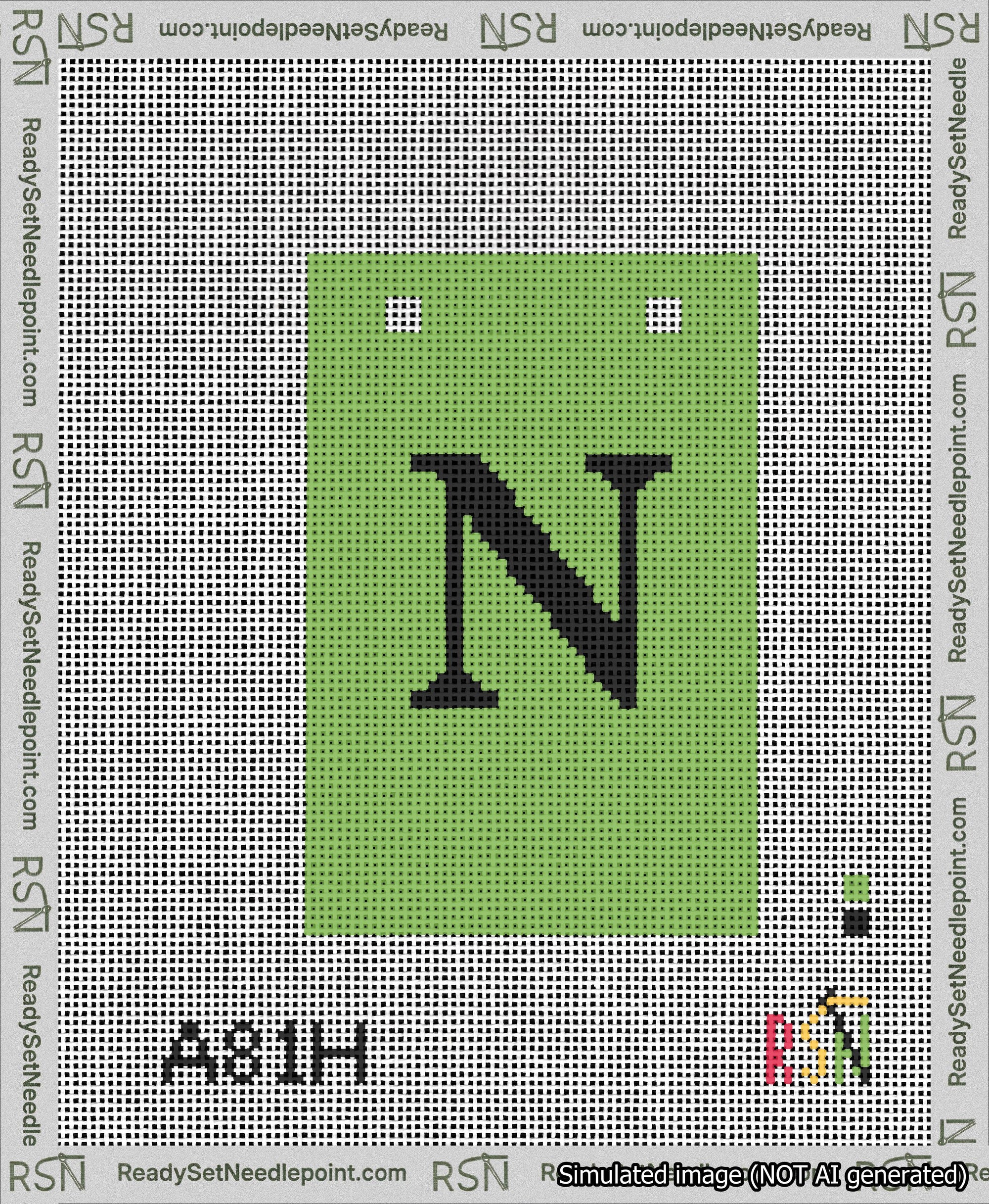 A taped needlepoint canvas with the design: Banner 13 mesh count Squared N Black on Light Green.