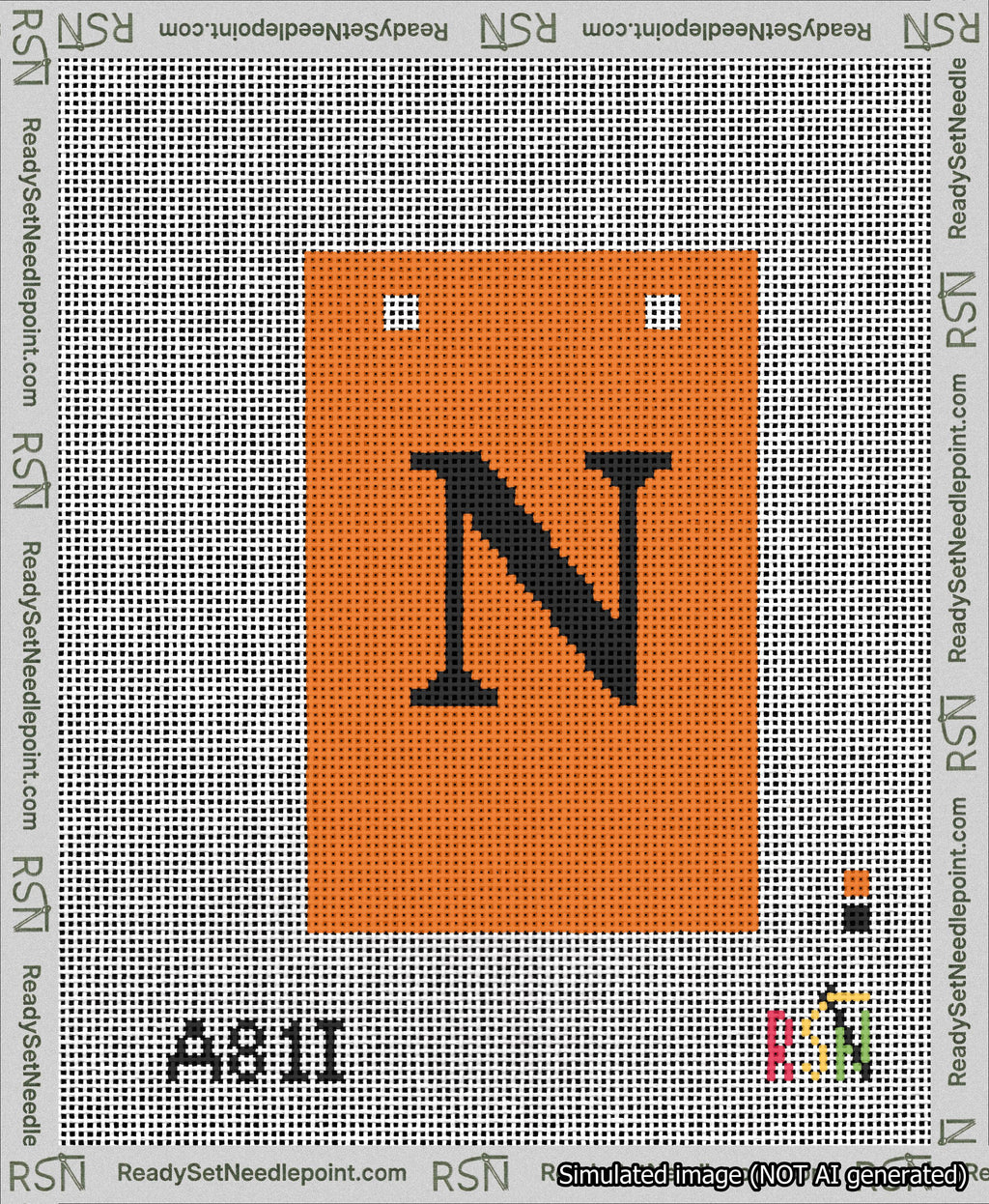 A taped needlepoint canvas with the design: Banner 13 mesh count Squared N Black on Orange.