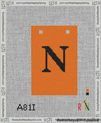 A taped needlepoint canvas with the design: Banner 13 mesh count Squared N Black on Orange.