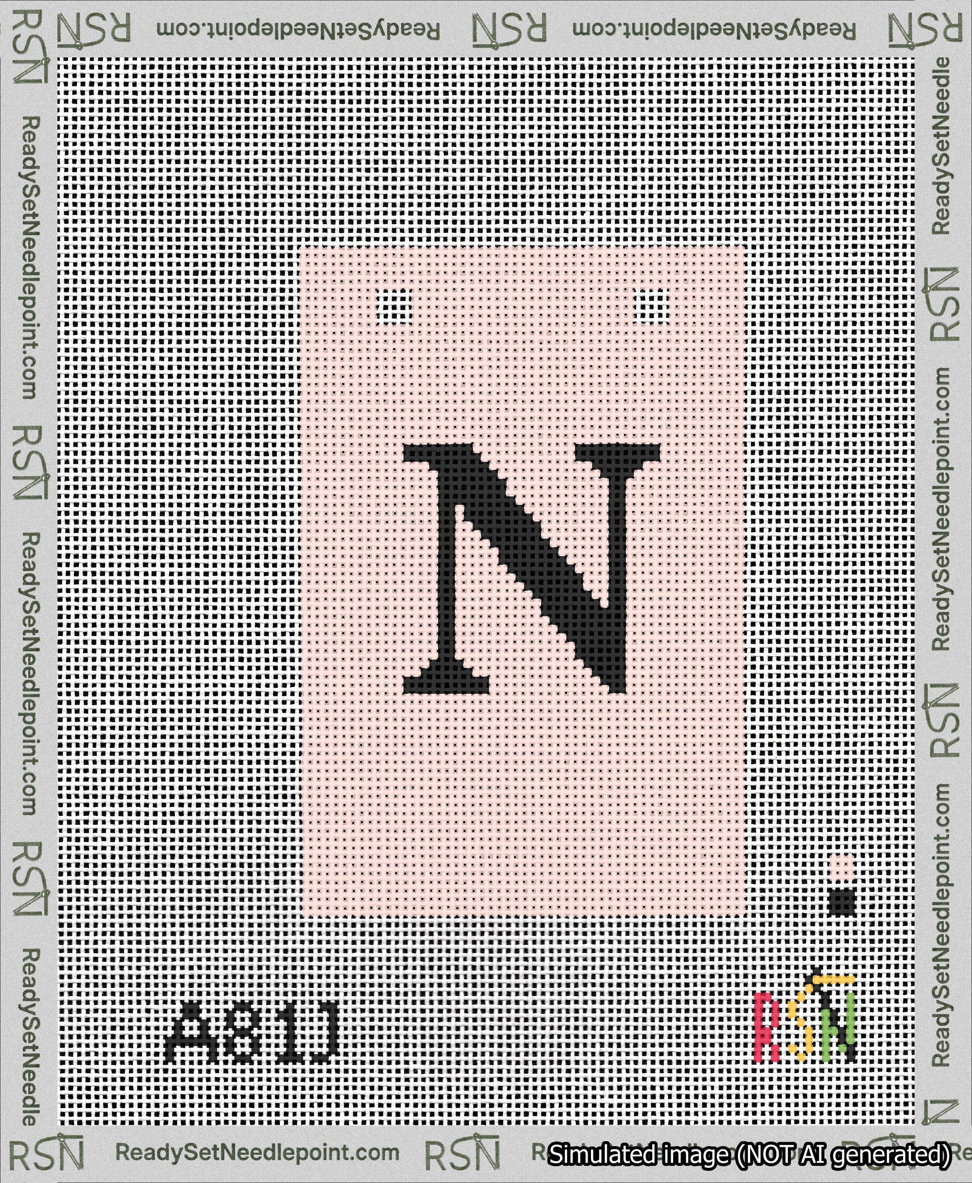 A taped needlepoint canvas with the design: Banner 13 mesh count Squared N Black on Pink.