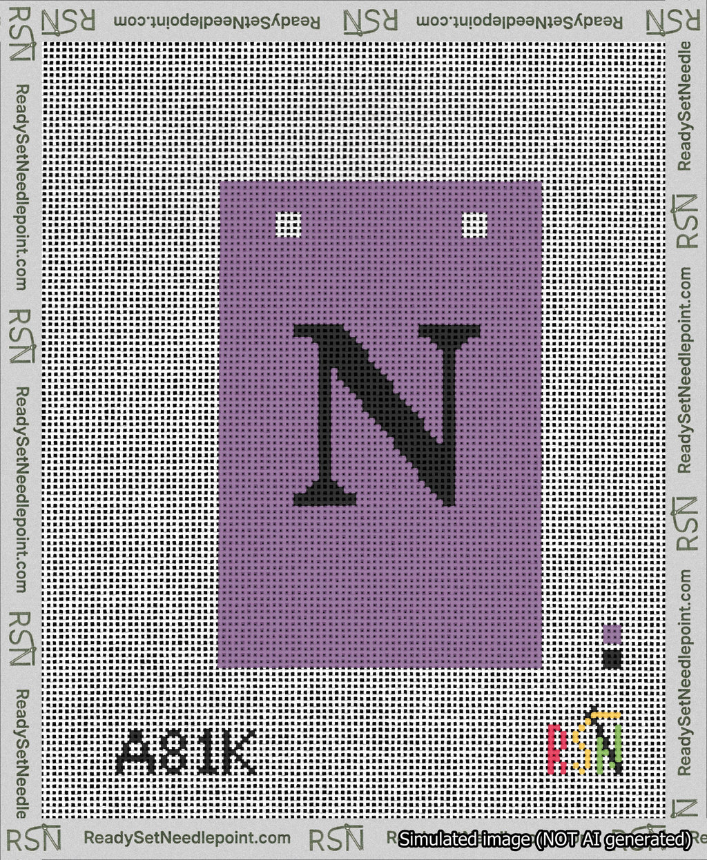 A taped needlepoint canvas with the design: Banner 13 mesh count Squared N Black on Purple.