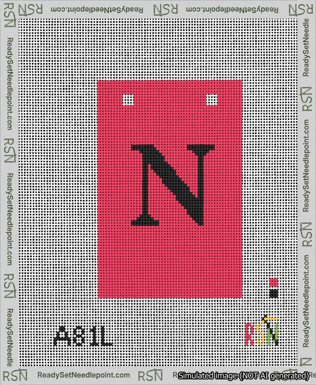 A taped needlepoint canvas with the design: Banner 13 mesh count Squared N Black on Red.