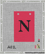 A taped needlepoint canvas with the design: Banner 13 mesh count Squared N Black on Red.