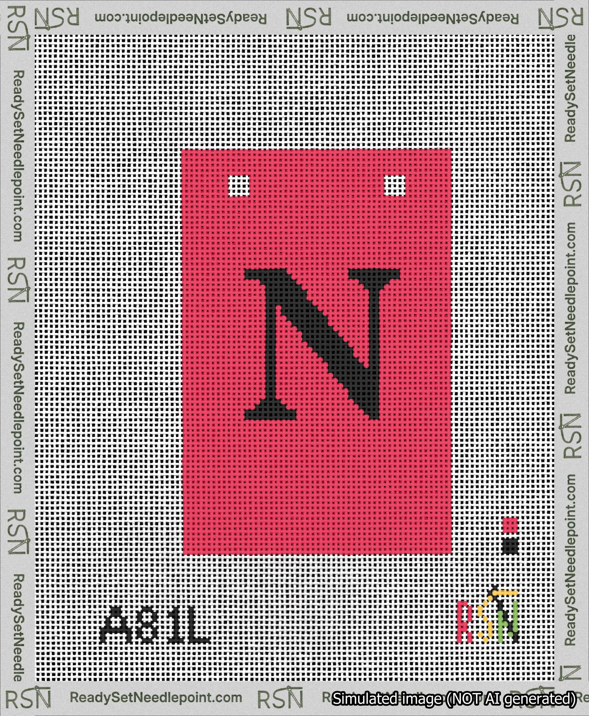 A taped needlepoint canvas with the design: Banner 13 mesh count Squared N Black on Red.