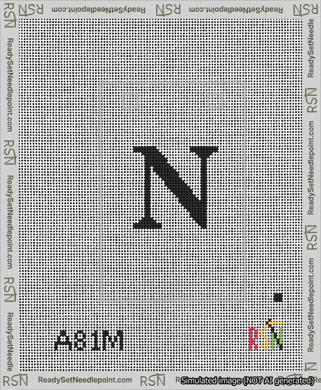 A taped needlepoint canvas with the design: Banner 13 mesh count Squared N Black on White.