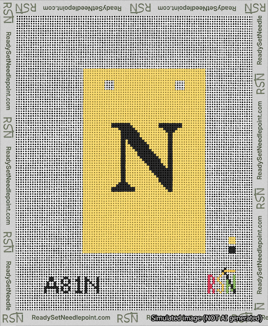 A taped needlepoint canvas with the design: Banner 13 mesh count Squared N Black on Yellow.