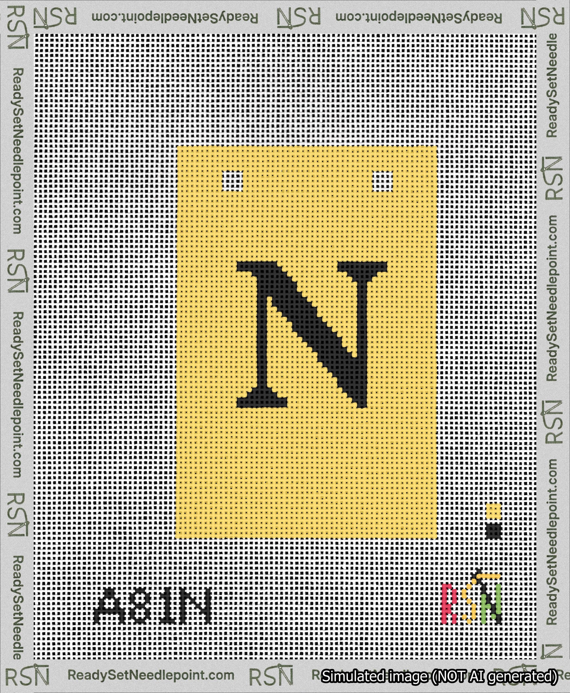 A taped needlepoint canvas with the design: Banner 13 mesh count Squared N Black on Yellow.