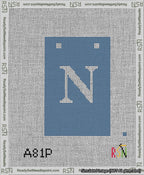 A taped needlepoint canvas with the design: Banner 13 mesh count Squared N White on Blue.