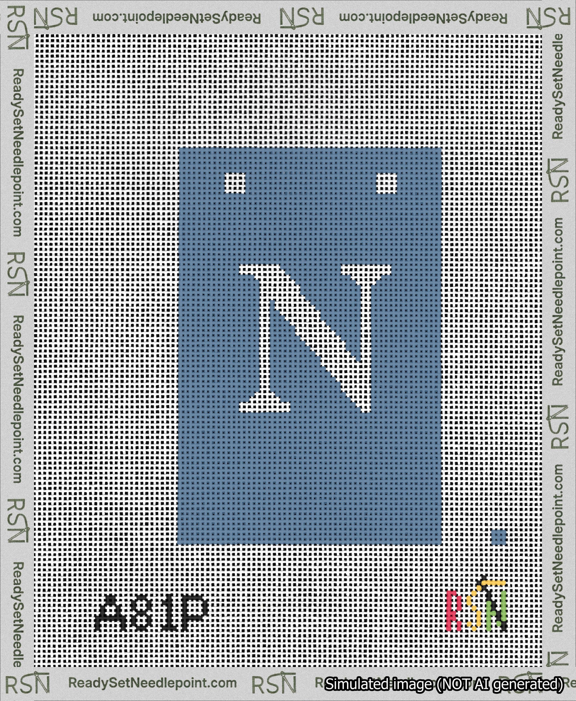 A taped needlepoint canvas with the design: Banner 13 mesh count Squared N White on Blue.
