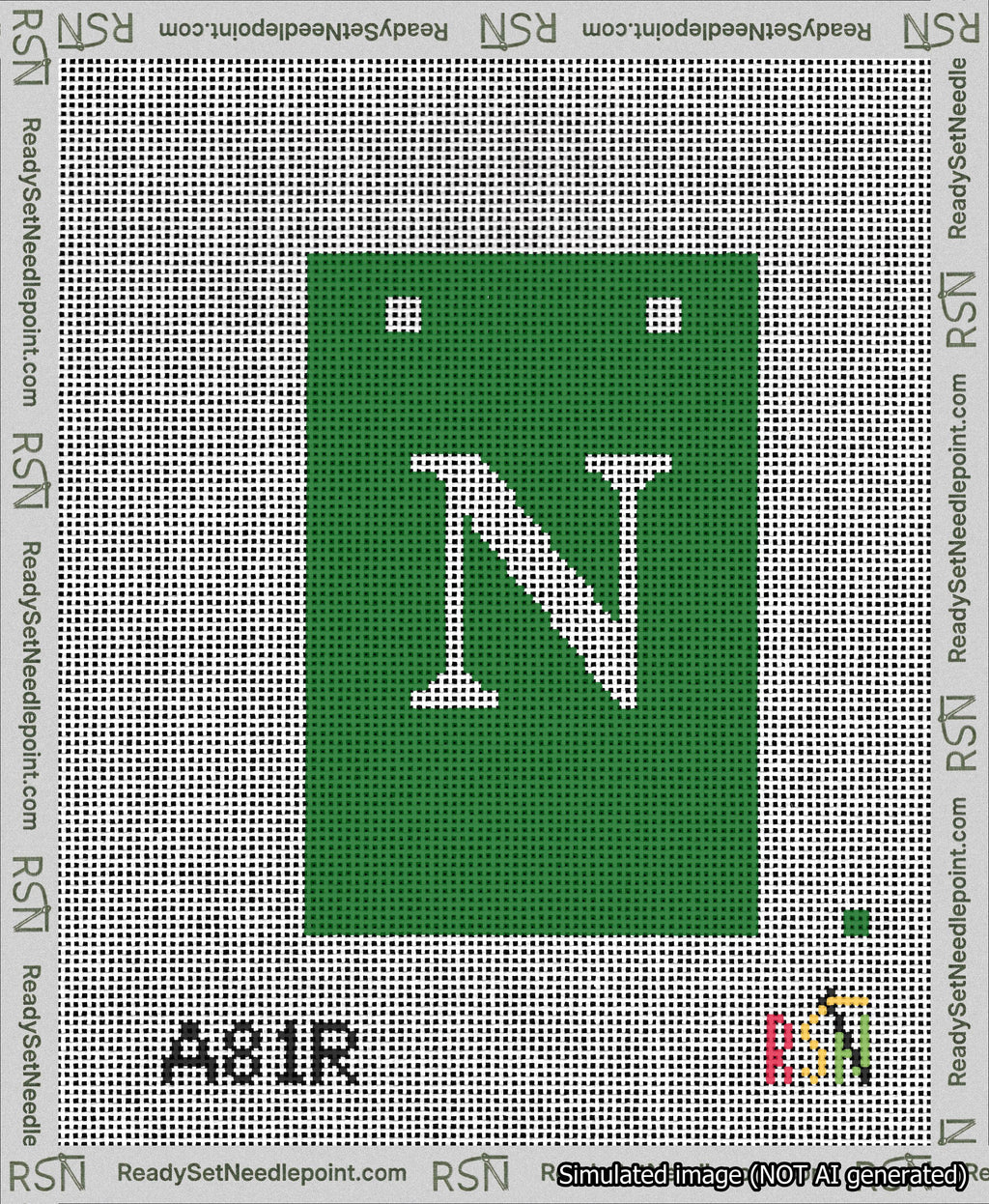 A taped needlepoint canvas with the design: Banner 13 mesh count Squared N White on Green.