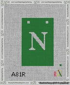 A taped needlepoint canvas with the design: Banner 13 mesh count Squared N White on Green.