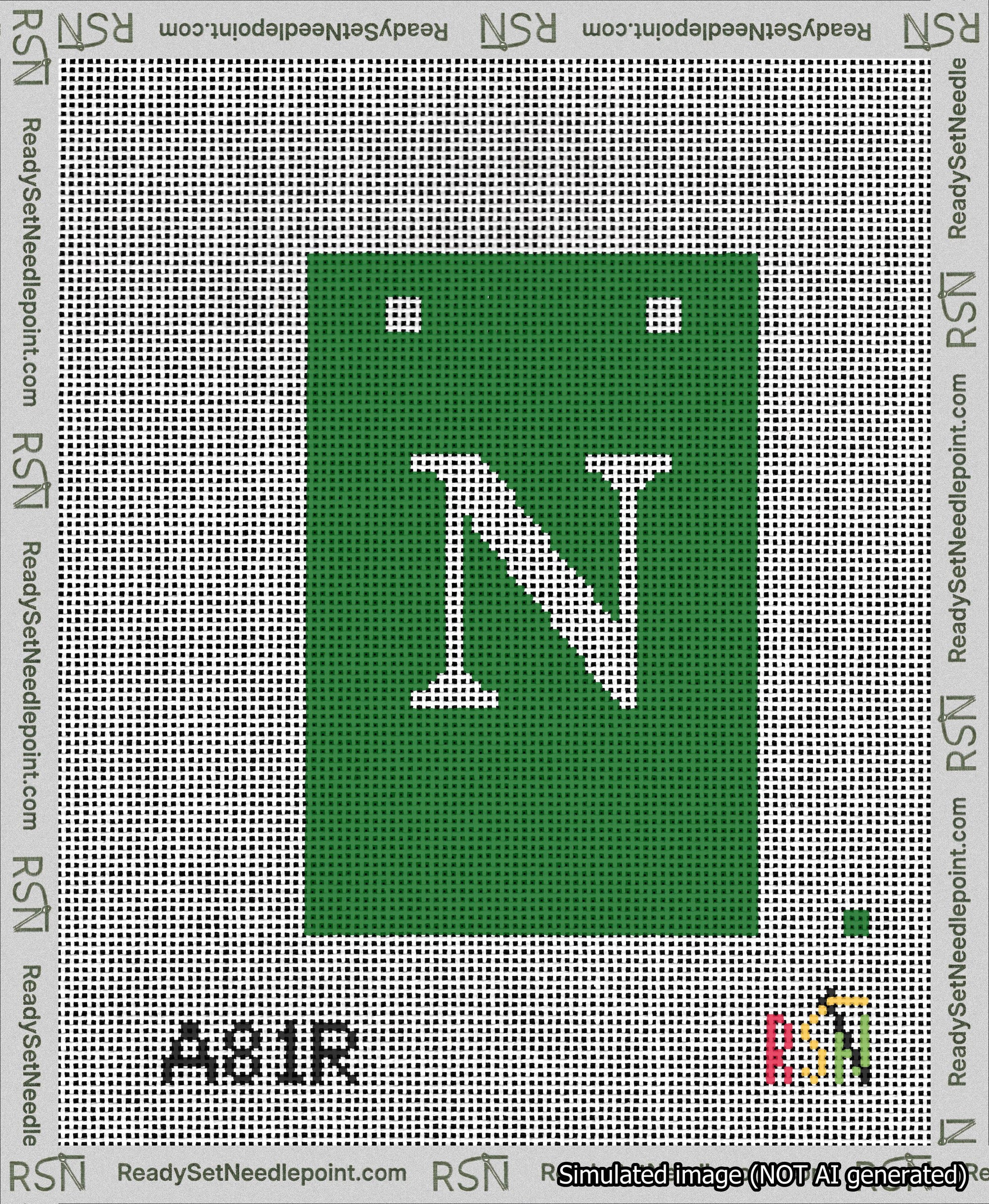 A taped needlepoint canvas with the design: Banner 13 mesh count Squared N White on Green.