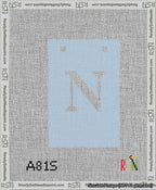 A taped needlepoint canvas with the design: Banner 13 mesh count Squared N White on Light Blue.