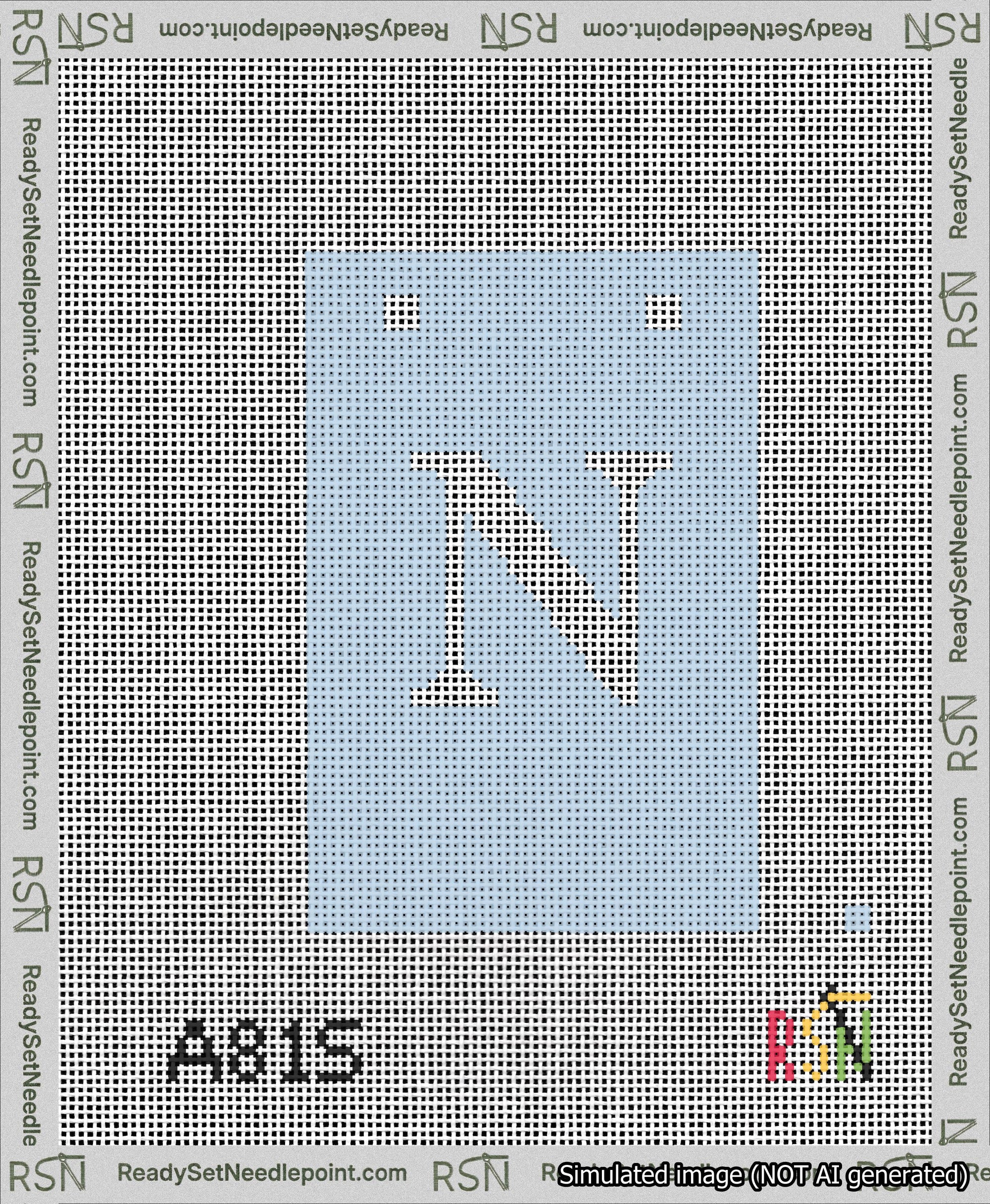 A taped needlepoint canvas with the design: Banner 13 mesh count Squared N White on Light Blue.
