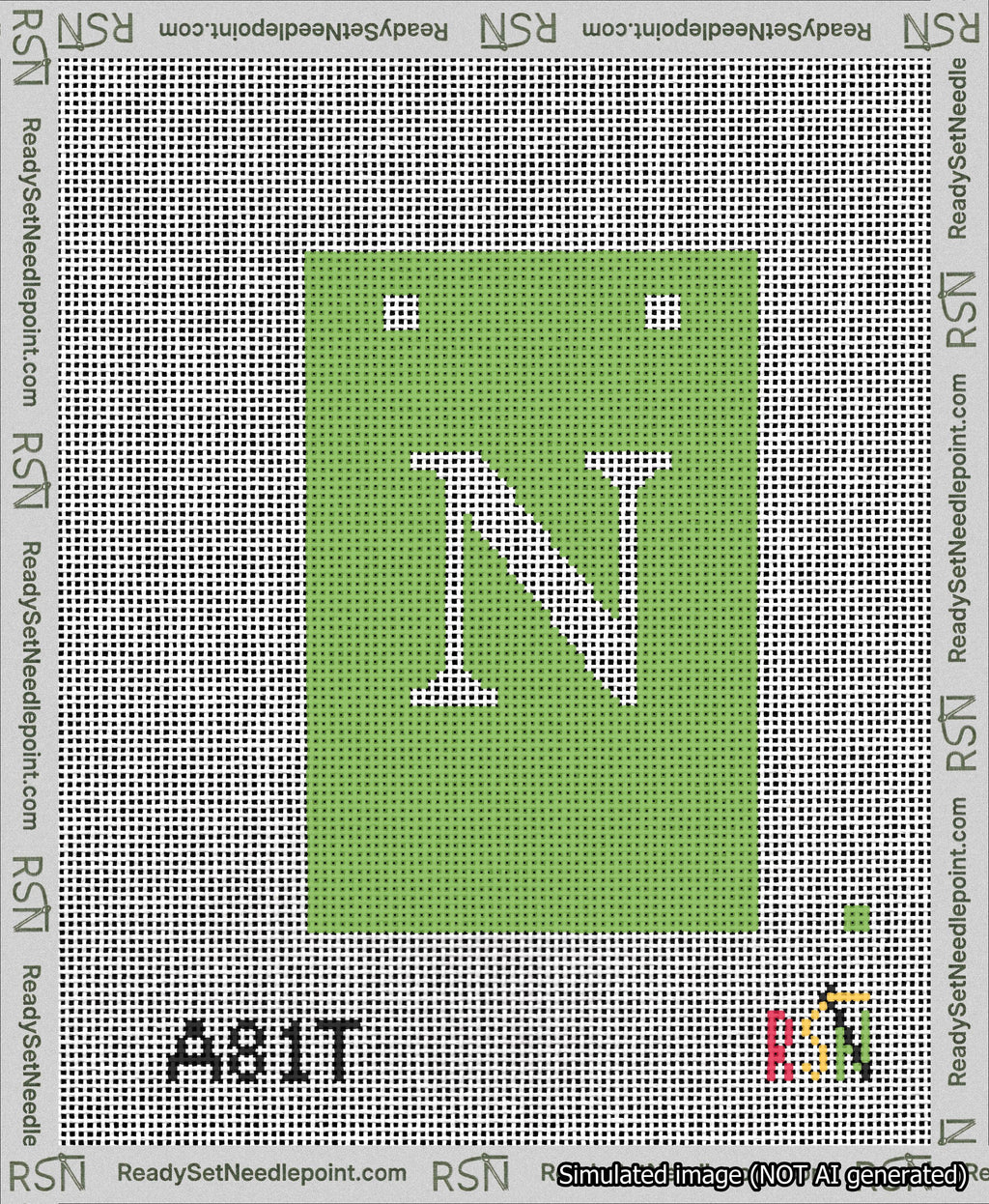 A taped needlepoint canvas with the design: Banner 13 mesh count Squared N White on Light Green.