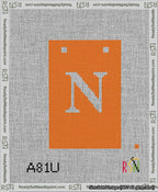A taped needlepoint canvas with the design: Banner 13 mesh count Squared N White on Orange.