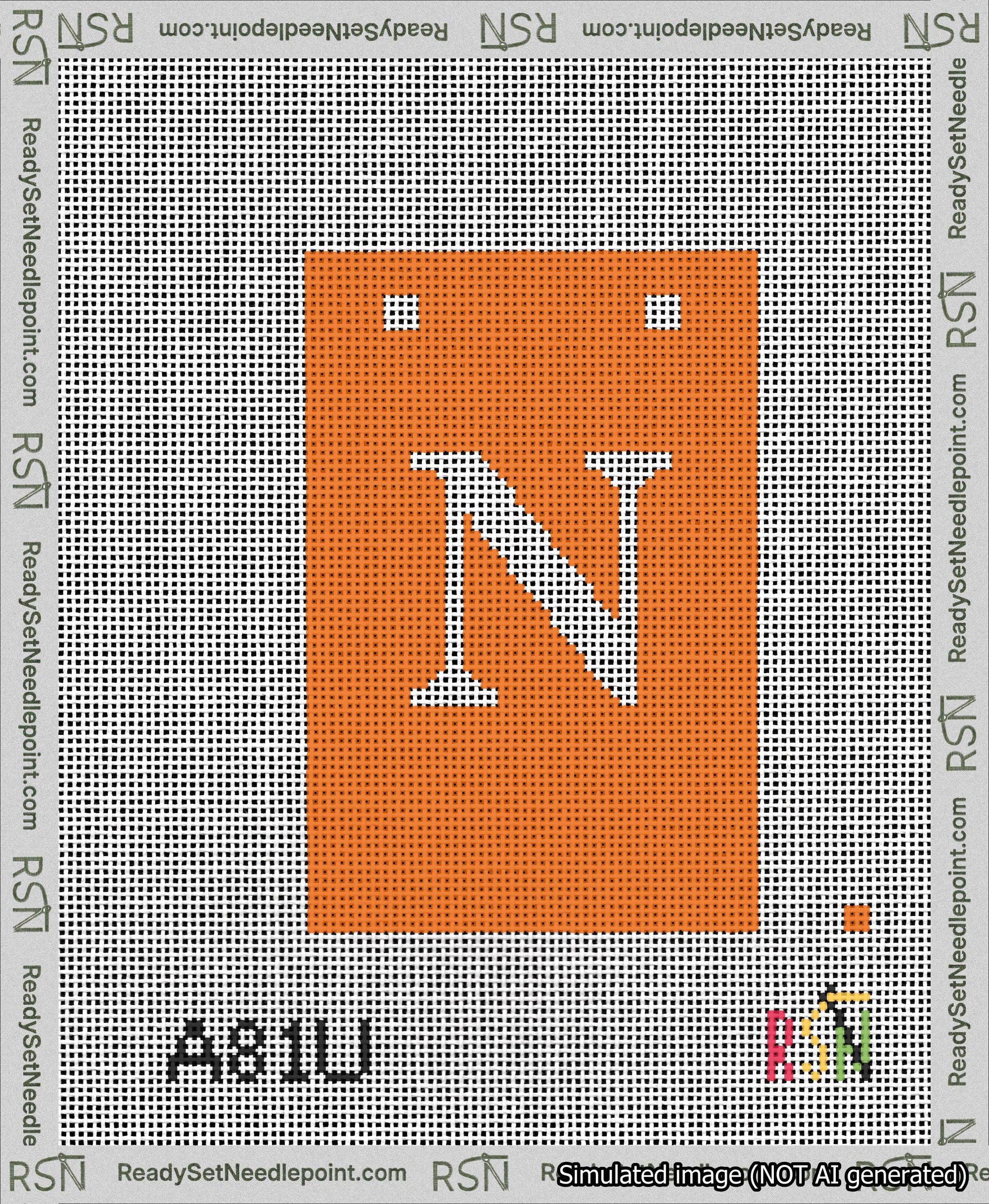 A taped needlepoint canvas with the design: Banner 13 mesh count Squared N White on Orange.
