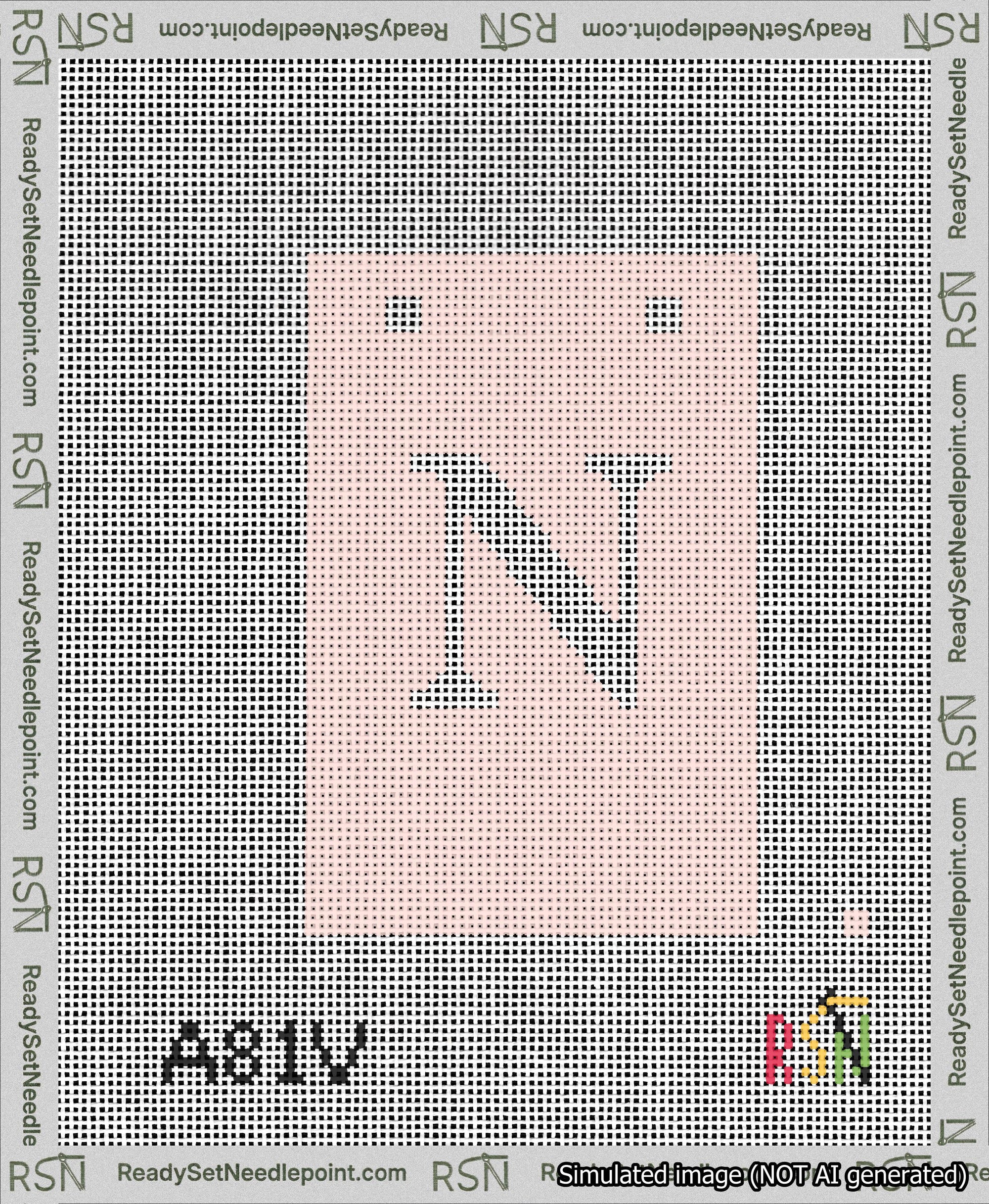 A taped needlepoint canvas with the design: Banner 13 mesh count Squared N White on Pink.