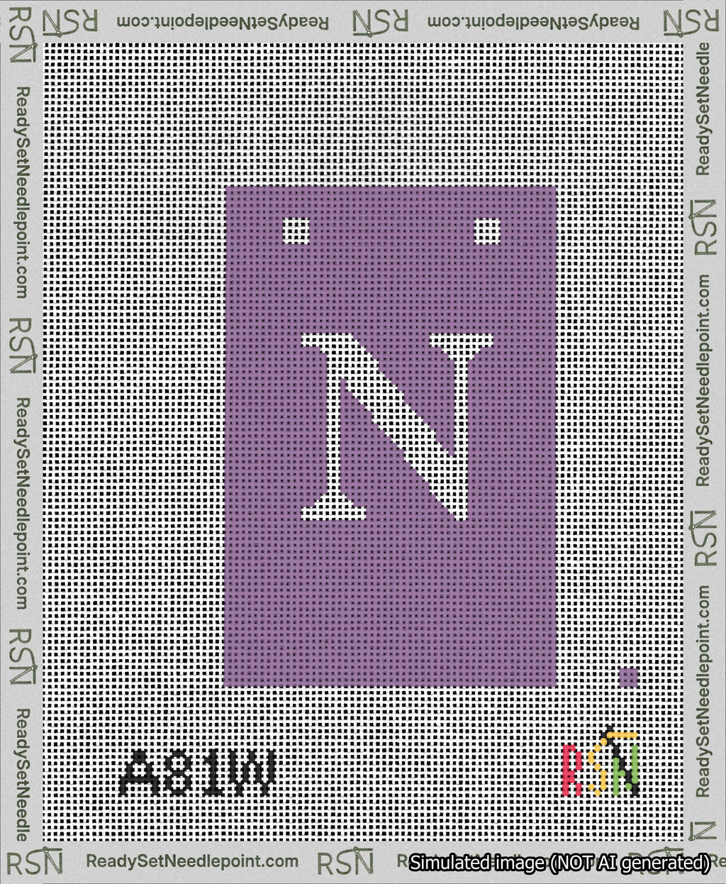 A taped needlepoint canvas with the design: Banner 13 mesh count Squared N White on Purple.