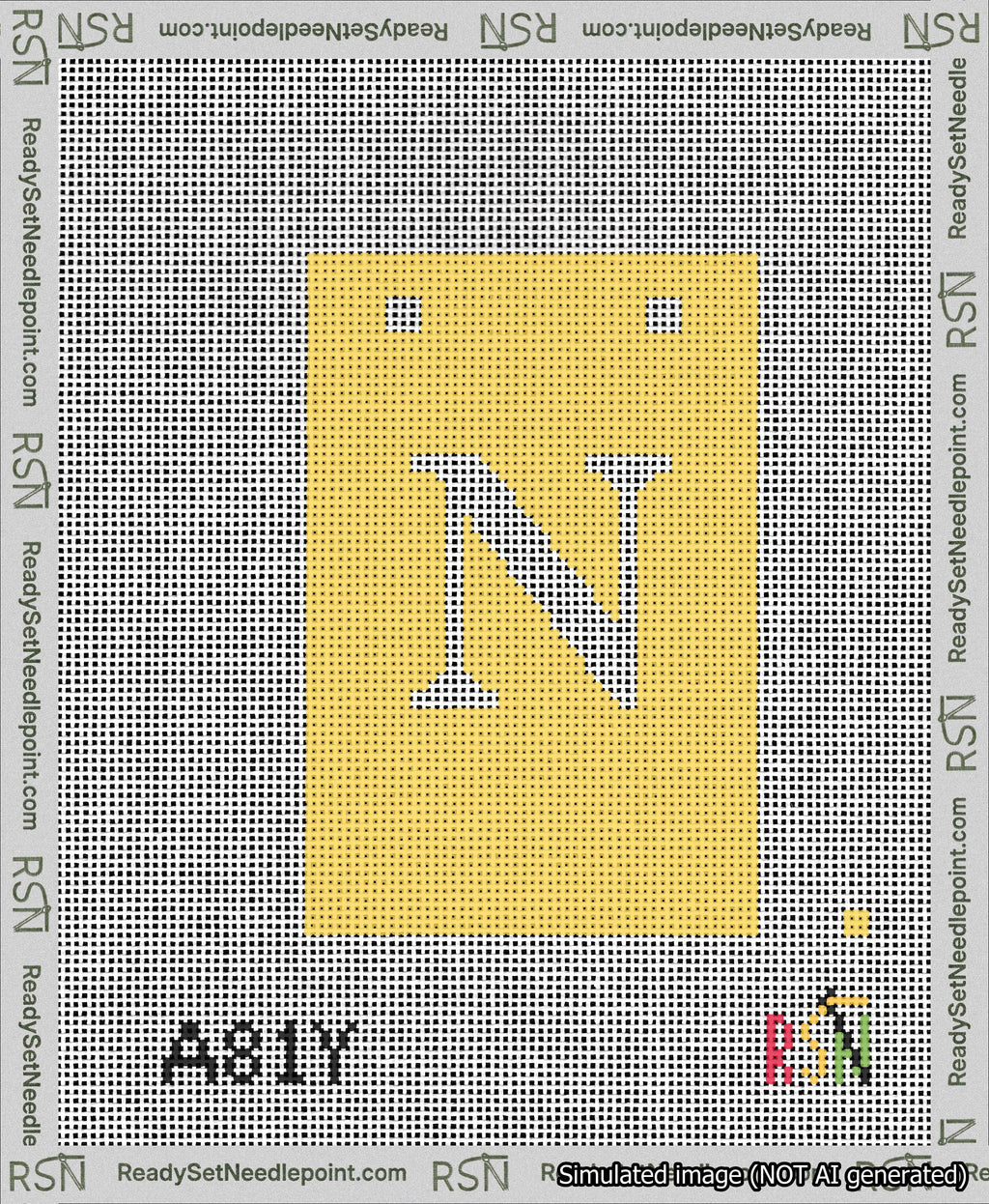 A taped needlepoint canvas with the design: Banner 13 mesh count Squared N White on Yellow.